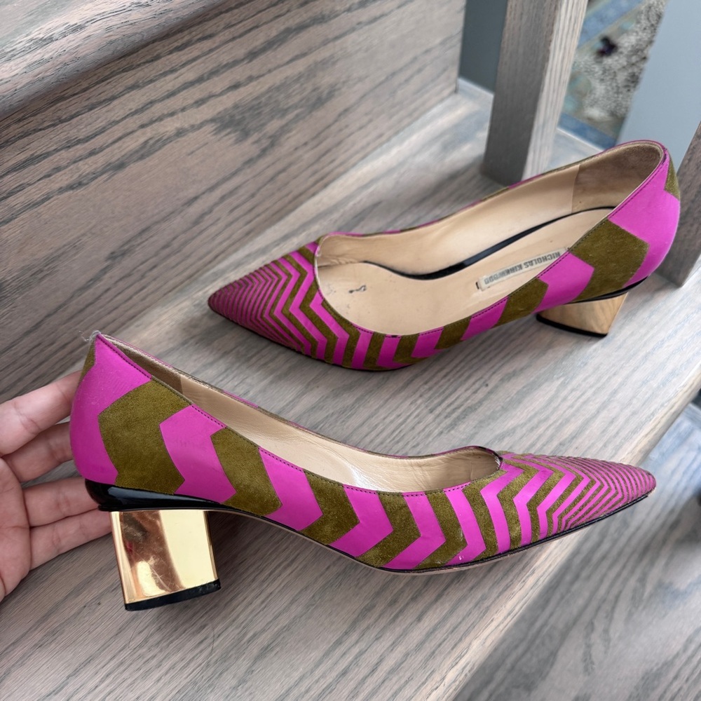 Nicholas Kirkwood Briona Chevron Prism Pumps Magenta Leather Olive Green Suede